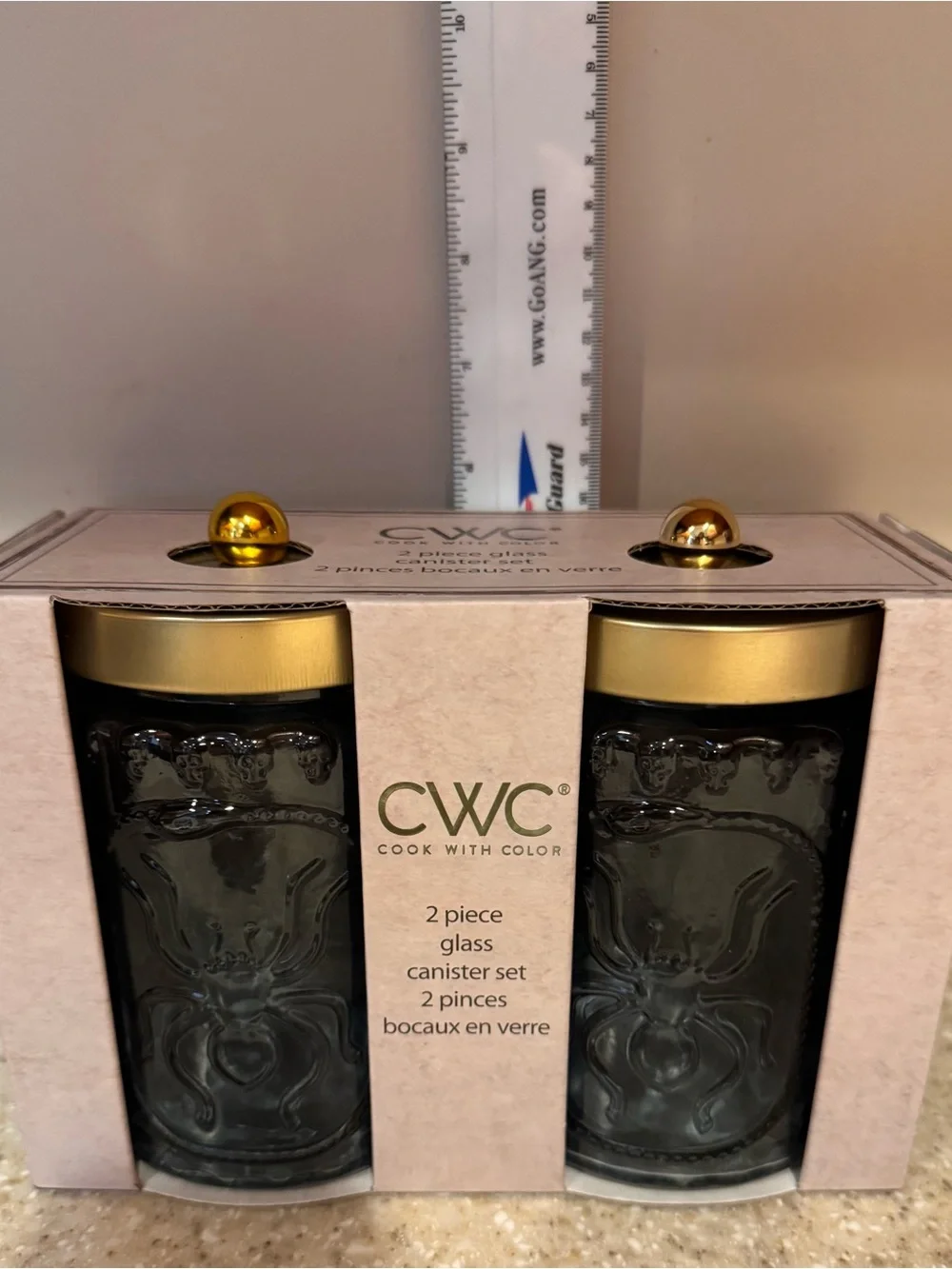 Cook With Color Grey Glass Spider Embossed Canister Set with Gold Lids - 2 Piece